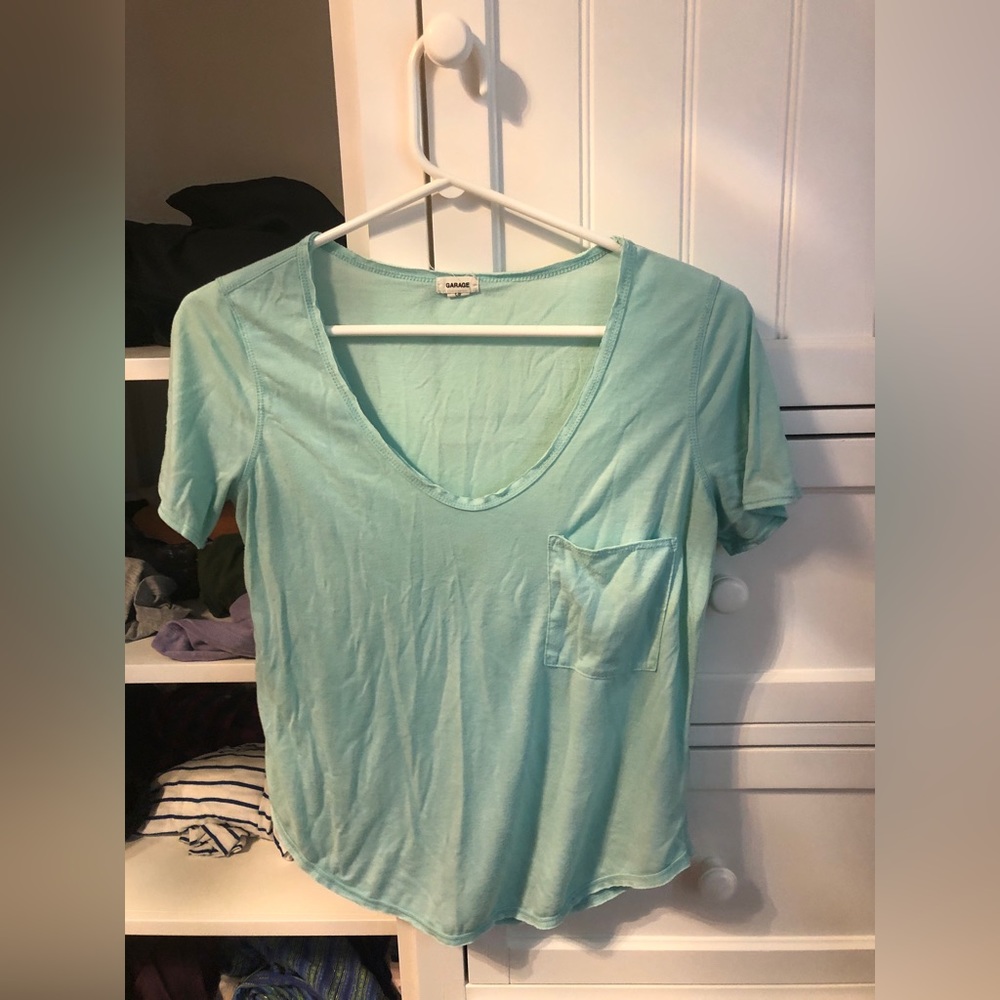 Garage Rough Hem Sheer Faded Light Blue Slightly Cropped T-Shirt w Pocket